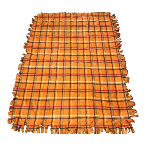 Project Linus Handmade Fleece Blanket With Noahs Ark Fringe Orange Plaid 55x 41 - Picture 2 of 4